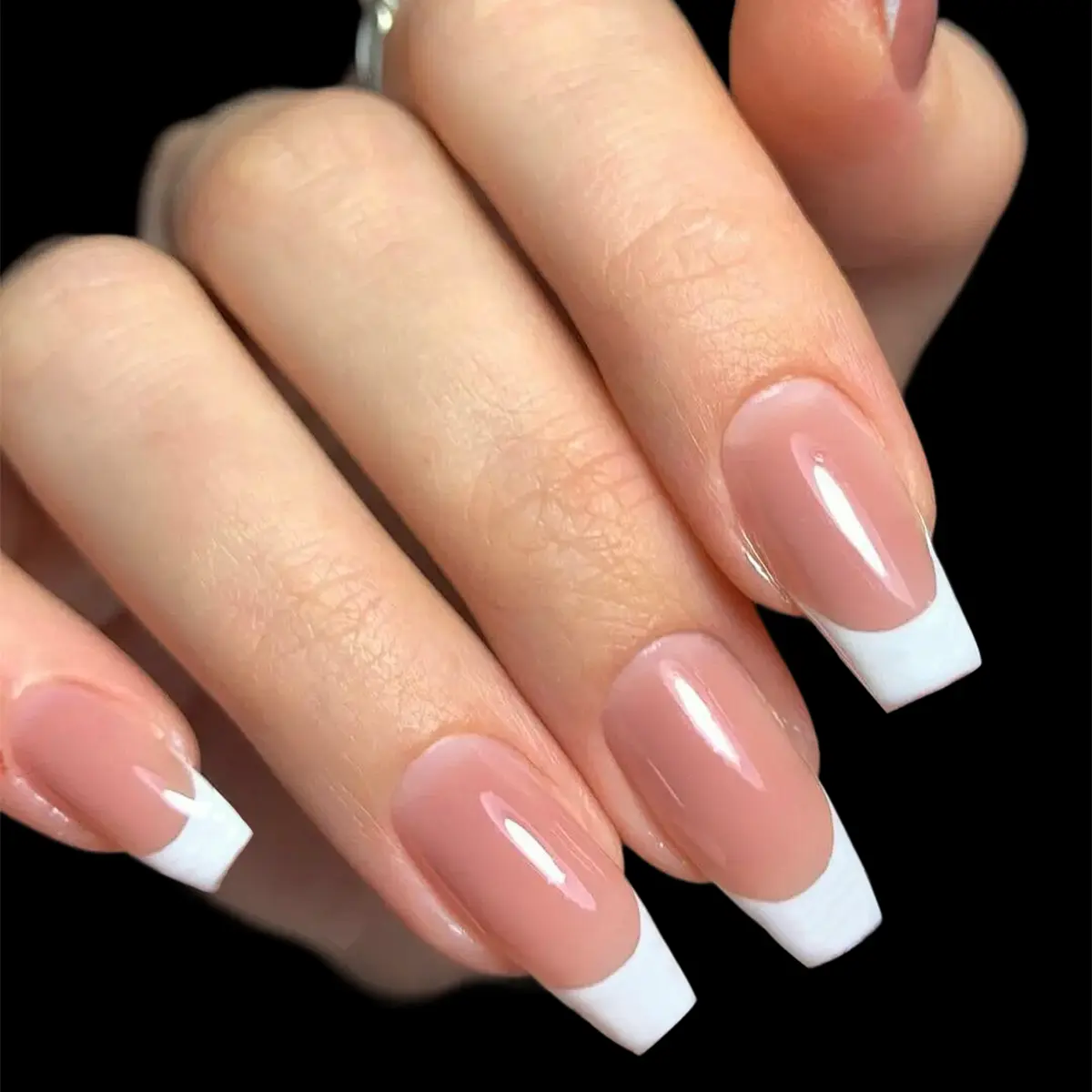 Classic Low French Tips Press-On Nails Set – Includes Adhesive Tape & Nail File, Short Square, Almond, or Coffin Shapes, 15 Sizes,French nail Suit.
