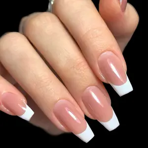 Classic Low French Tips Press-On Nails Set – Includes Adhesive Tape & Nail File, Short Square, Almond, or Coffin Shapes, 15 Sizes,French nail Suit.