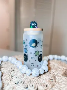 Soot Sprites Glass Can, trendy anime cup, iced coffee glass with lid and straw, coffee matcha glass, anime gifts for her, cute anime decor, kitchen glassware, drink ware, Matcha glass kawaii cup Bamboo Drinkware Tumblers, Mother’s Day gifts Printed Mug