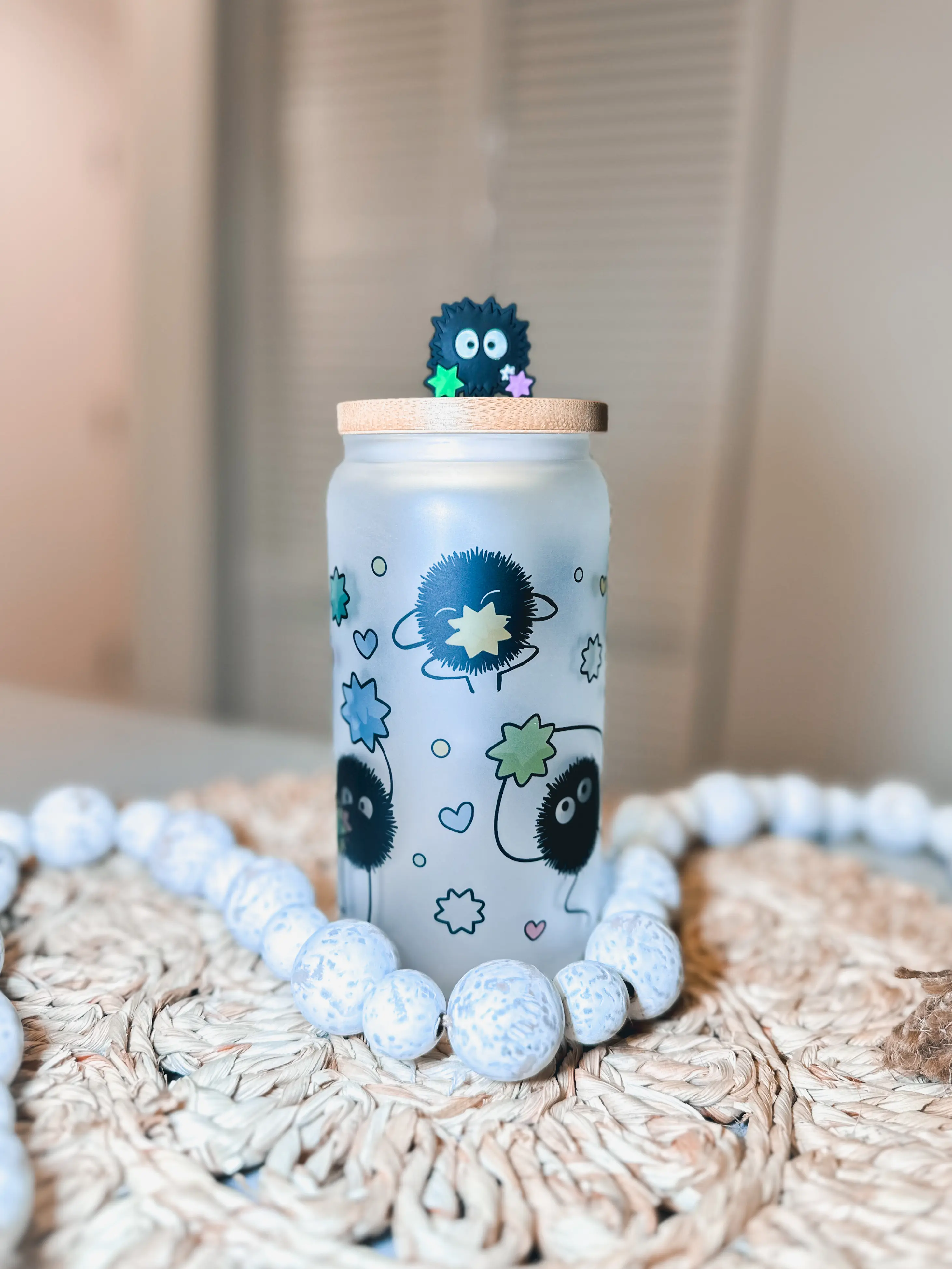 Soot Sprites Glass Can, trendy anime cup, iced coffee glass with lid and straw, coffee matcha glass, anime gifts for her, cute anime decor, kitchen glassware, drink ware, Matcha glass kawaii cup Bamboo Drinkware Tumblers, Mother’s Day gifts Printed Mug