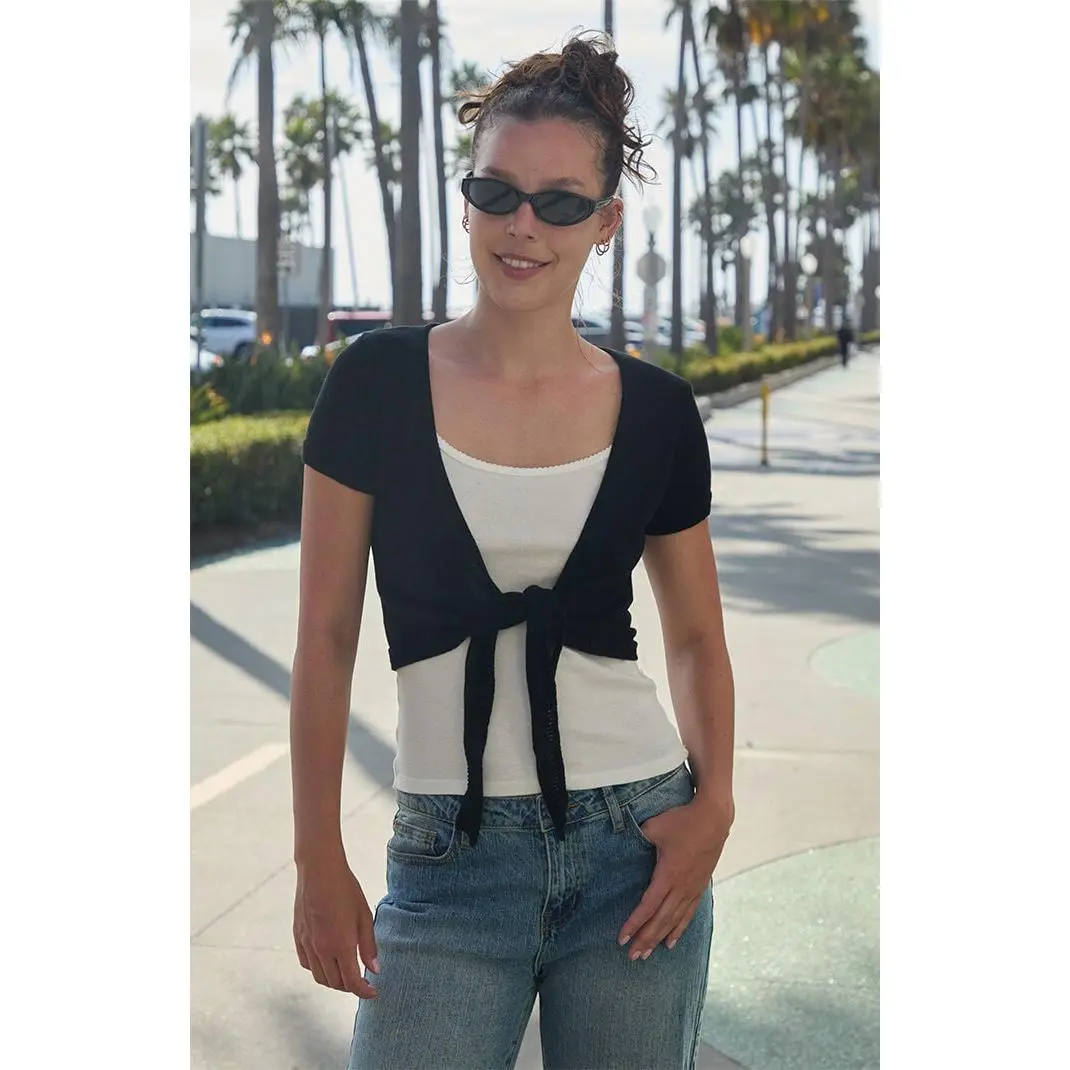 John Galt Women's Black Tie Front Sweater Top