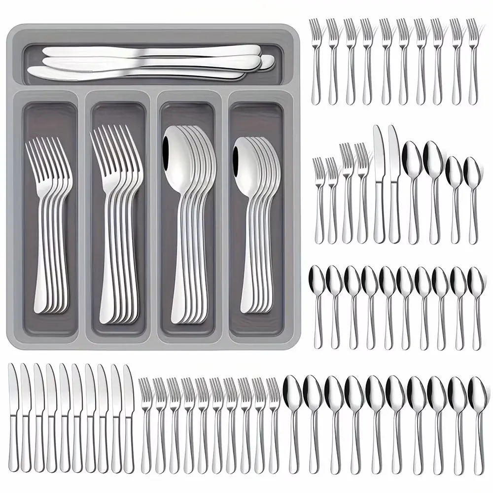 60-Piece Stainless Steel Silverware Set for 12 With Organizer, Mirror Polished Flatware Set, Includes Steak Knives, Dishwasher Safe Cutlery for Home, Kitchen & Restaurant