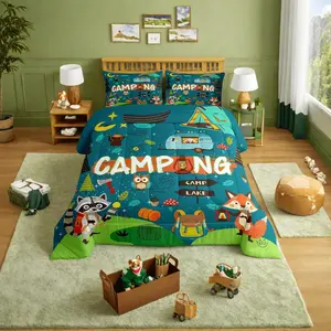 Feelyou Microfiber Bedding Set - Camper Comforter Set with Cartoon RV, Camping Fox Cute Animal Design, for Adult Bedrooms, Dormitory Bedding, Guest Room Use, Bedding For Dormitory, Guest Room Bedding