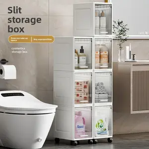 four-layer tall and narrow storage cabinet, made of plastic, with a slim design, doors and adjustable shelves, wheels, stackable and foldable, suitable for small spaces, bathrooms and kitchens to rag ottoman household extra large bin easy clean hanger