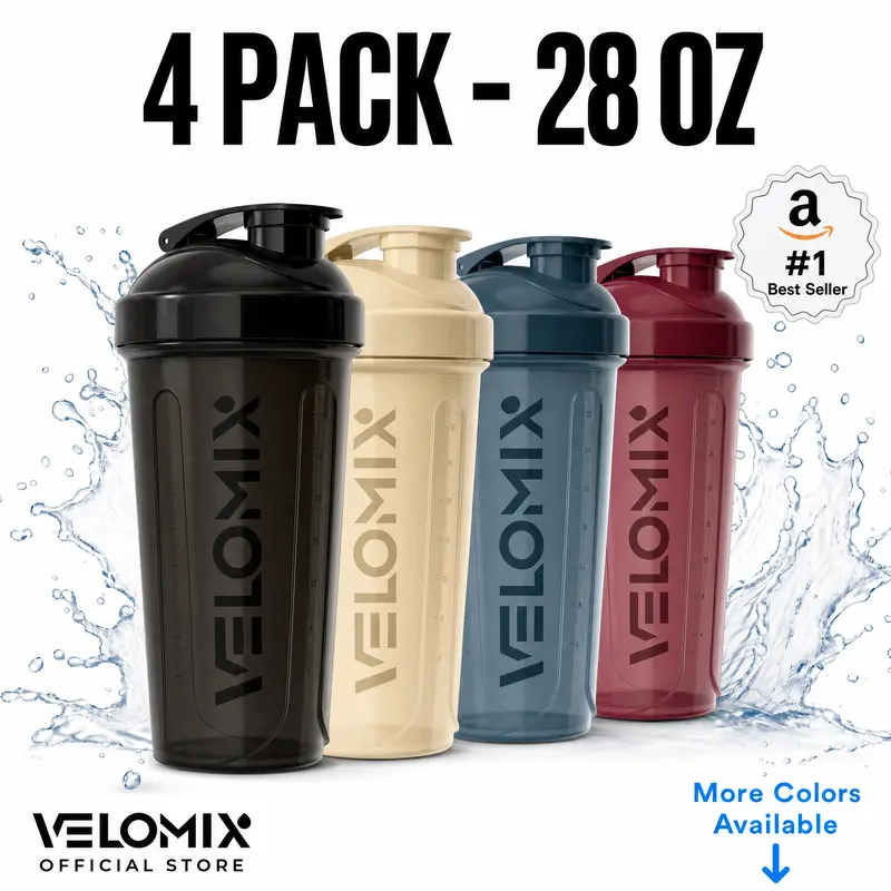 VELOMIX 4-Pack 28 oz Standard Cylinder Protein Shaker Water Bottles - BPA-Free, Leak-Proof, Drop-Resistant Sports Bottles with Wire Whisk Ball, Flip Top Cap, Car Holder Fit, Wipe Clean, Dishwasher Safe Gym Accessories, Unisex, Multiple Colors