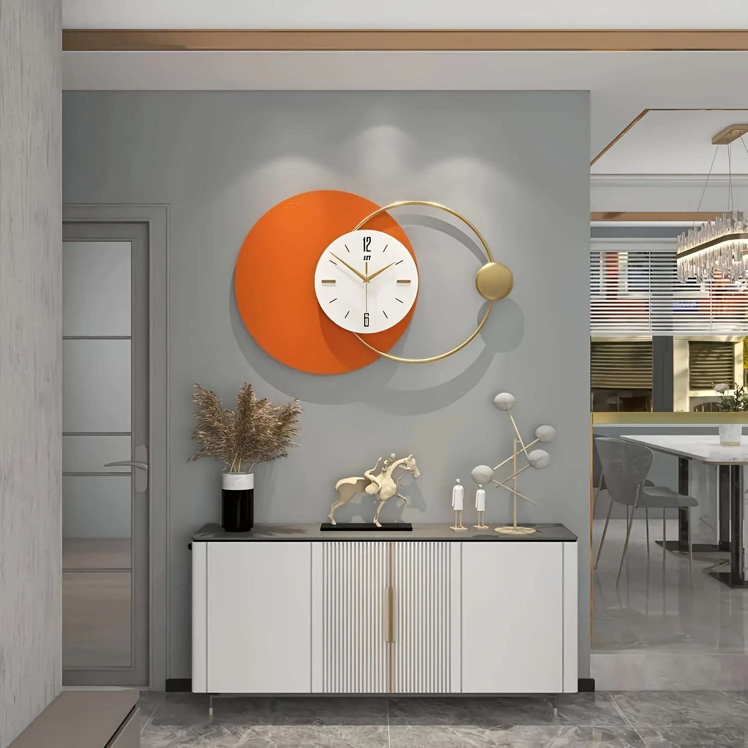Modern Geometric Wall Clock, Orange & Gold Statement Clock for Contemporary Home Decor