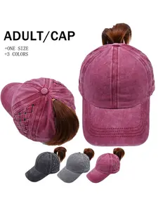 Washed Outdoor Denim Basket Weave Criss-Cross Ponytail Baseball Cap Bundle Hair Tie Polyester Cap