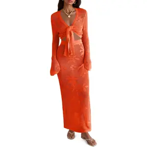 Saodimallsu Womens Crochet Swim Cover Up 2 Piece V Neck Long Sleeve Wrap Tie Crop Tops Beach Boho Maxi Coverup Set