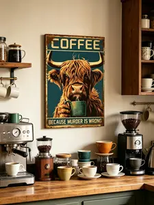 Highland Cow Metal Tin Sign Vintage Coffee Because Murder Is Wrong Tin Poster Funny Highland Cow Kitchen Decor For Home Cafe Kitchen 8x12 Inch