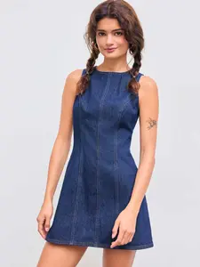 Cider Denim Solid Zipper Sleeveless Mini Dress