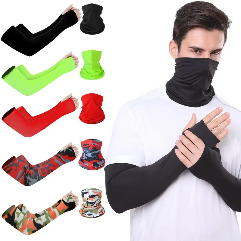 Cooling Neck Gaiter & Arm Sleeves Set - UPF 50+ UV Protection Face Cover with Thumb Holes for Men