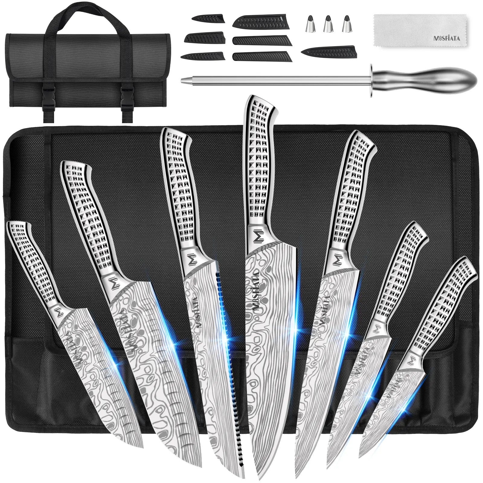 MOSFiATA 12-Piece Japanese High-Carbon Knife Set – Complete Chef & Outdoor Roll Kit with Sharpener & Carry Bag Block Kitchen Stainless Steel