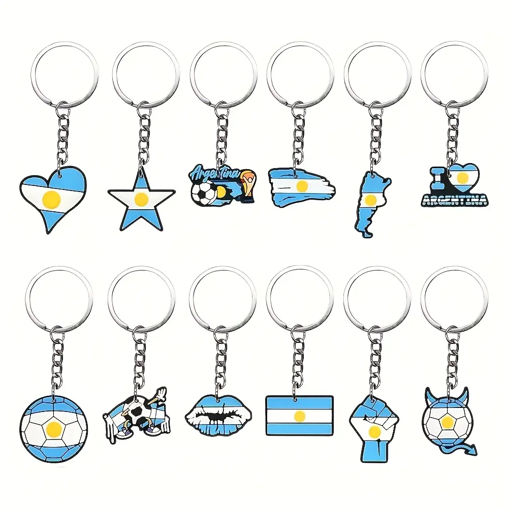 12pcs Argentina Keychain Set with Flag and Soccer Designs, PVC Pendant with Metal Ring for Bags, Keys and Party Favors