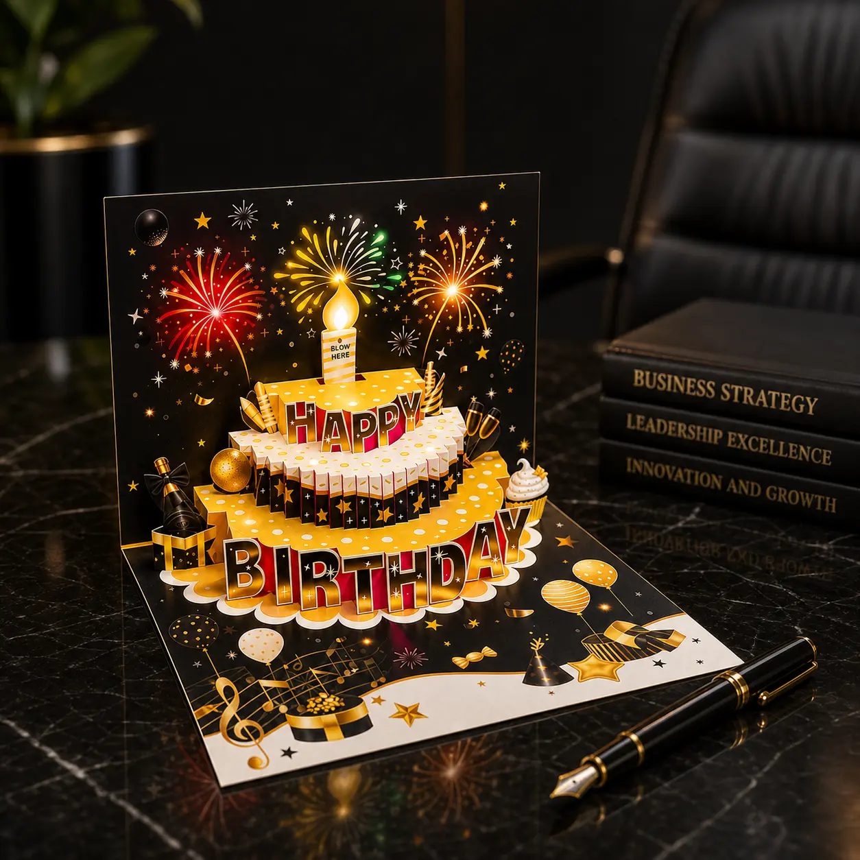 Elegant Black and Gold 3D Musical Pop-Up Smart Business Greeting Card & Invitation Envelopes - Laser Cut Cardstock, Blow-Sensitive LED Candle, LED Lights, Separate Insert Card, Office Stationery for Bosses