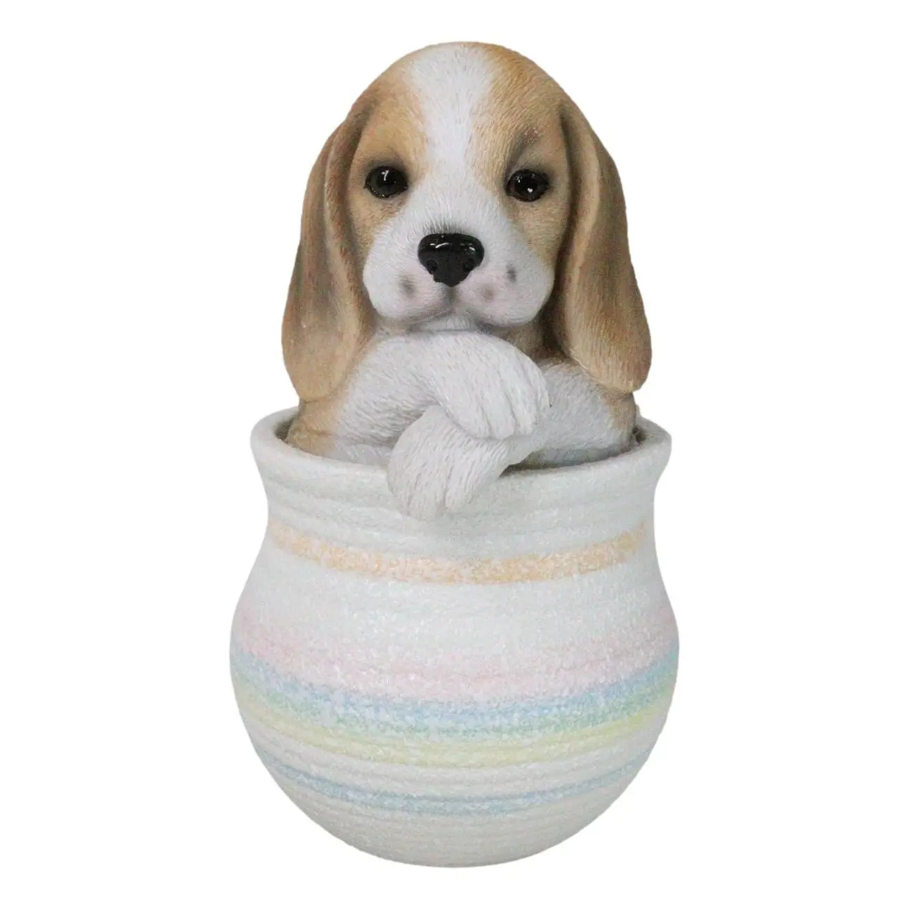 Realistic Tri Color Beagle Puppy Dog Figurine With Glass Eyes Pup In Pot