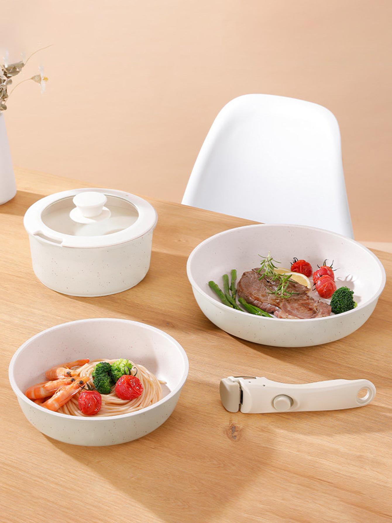 5-piece White non-stick ceramic cooking set, set of pots and pans, with detachable handles, ideal for daily cooking, RV camping and compact kitchens Cookware