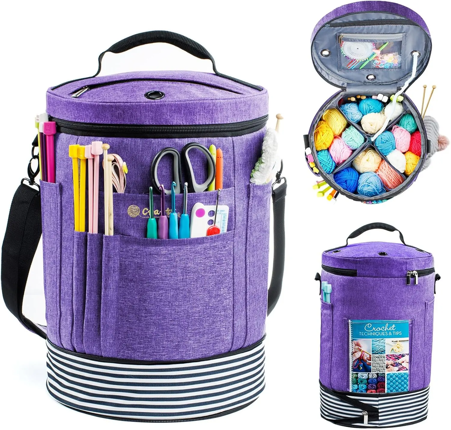 Expandable Crochet Bag - Knitting and Yarn Storage Organizer Tote with Zipper Closure - Ideal  for Crocheting Accessories and Supplies