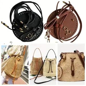 DIY Crochet Dumpling Bag Accessory Set, Straw Woven Dumpling Bag Hand Crochet Bag Material, Adjustable Shoulder Strap, Zipper and Durable Faux Leather Base, Handmade Packaging Supplies, DIY Wallet Crochet Bag Making, DIY Wallet Making Accessories