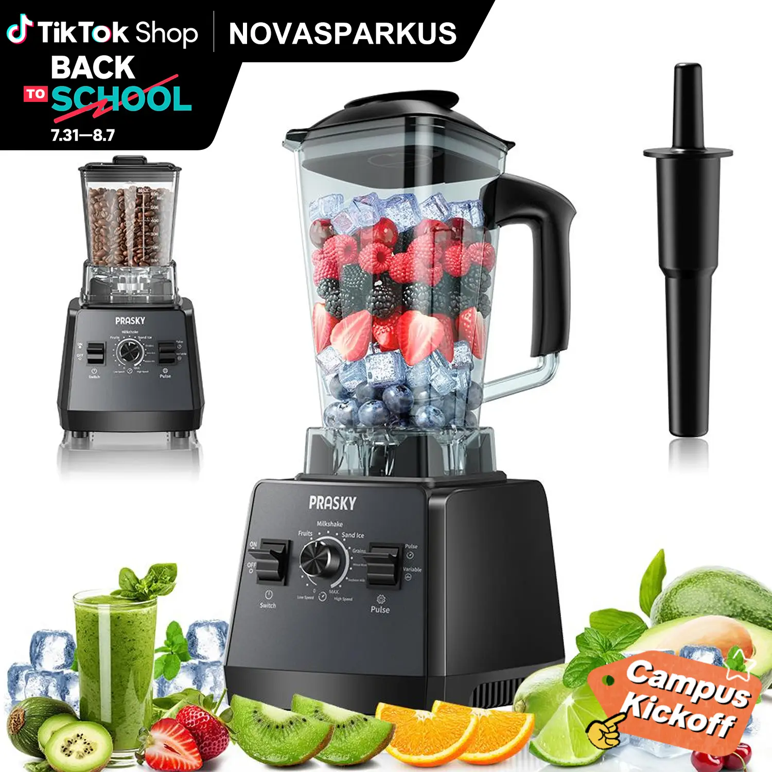 Prasky Pro 3L/102oz Blender, 2 Cups Smoothies Blenders, PRASKY Max.2400Watts/1000Watts Blender and Grinder Combo 25000RPM Powerful Kitchen Blender 68o