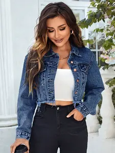 EMERY ROSE Flap Detail Raw Hem Crop Denim Jacket