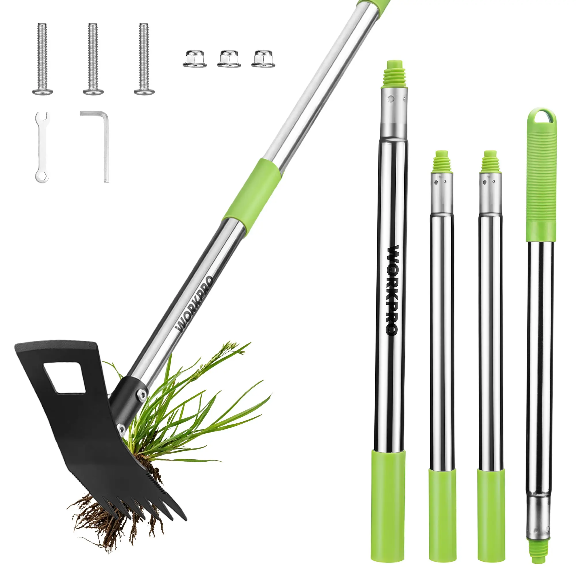 WORKPRO Weed Puller Tool with Long Handle, 2-in-1 Garden Hoe & Weed Rake, 29"-56" Adjustable Manual Weeding Tool