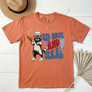 Comfort Colors Red White And Feral Shirt,Funny USA Shirt, Funny Raccoon Shirt , 4th Of July  Feral Shirt, Hotdog Raccoon