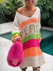 Women's Color Block Knitted Dress with Letter Print, Loose Fit Fashionable Sweater Dress for Casual Occasions, Stylish Knitwear for Ladies