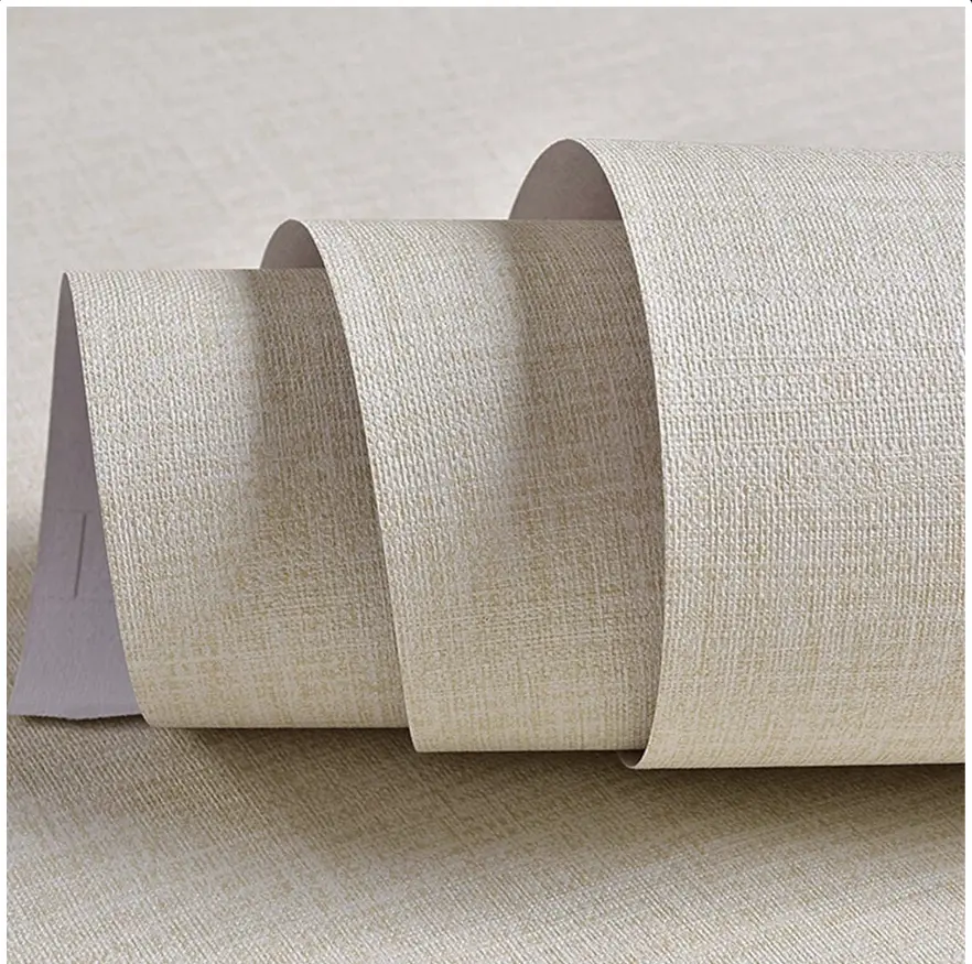 Cream Linen Wallpaper PVC Self-Adhesive Peel and Stick DIY Wallpaper Faux Imitation Cloth Vinyl Film Wall Paper Solid Color Decorate Furniture Bedroom (15.8 in X 118 in)