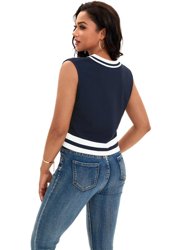 ATHLECHIC Women's Summer Crop Tops Knit Vest Color Block Sleeveless V Neck Tank Tops Loose Fit Tops Dark Blue White