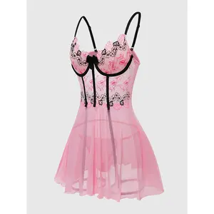 EMooomsSexy Bodycon Bodysuit with Mesh Embroidered Contrast L and Spaghetti Strap Nightgown, Lingerie For Women Seductive, Goth Lingerie, Plus Size Lingerie For Women, Lingerie For Women Plus Size, Nighties For Women Seductive, Gothic Lingerie, Sex Outfit