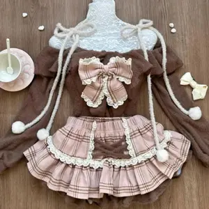 2000s Vintage Y2k Suits Women Retro Brown Crop Tops Sweater +  Mini Skirt Kawaii 2 Piece Sets