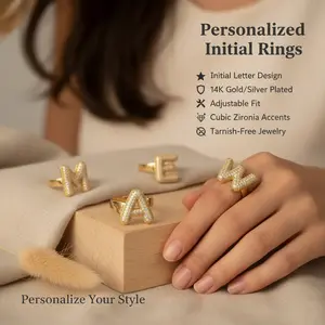 Initial Letter Ring A–Z | 14K Gold/Silver Plated Adjustable Ring | Personalized Alphabet Ring with Cubic Zirconia for Women Men | Tarnish-Free Stacking Delicate Ring jewelry jewellery
