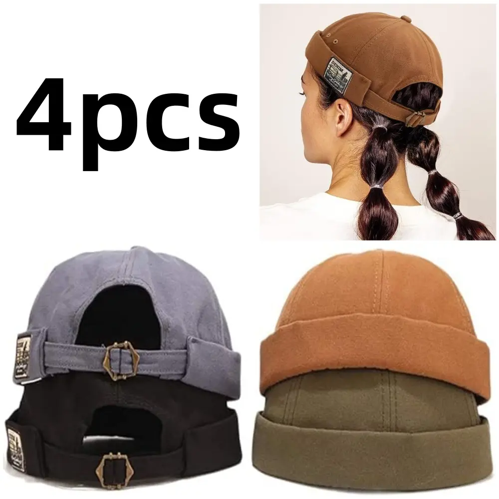 4 pack Brimless Skull cap Retro Brimless Hat with Adjustable Rolled Cuff Retro Beanie Hat for Women Wen