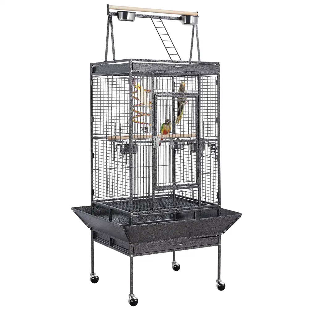 Costoffs 68'' Large Play Top Bird Cage, Rolling Metal Parrot Cage with Wheels, Feeding Bowls, Perches & Bungee Rope for Lovebirds, Budgies, Canaries & Cockatiels