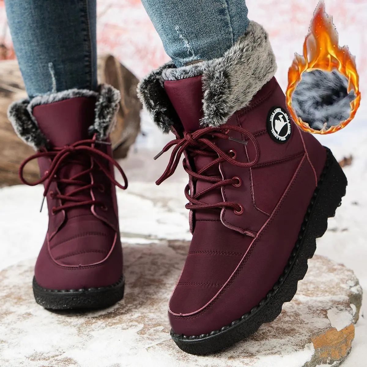 2026 New Winter Women's Snow Boots Insulated Waterproof Winter Boots for Women Warm Fur Lined Booties High-heeled Snow Boots Lace-Up Mid-Calf Design Faux Fur Cozy Warm Black Furboots Walking Shoes