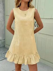 2026 Women's Breathable Cotton Linen Striped Bohemian Sleeveless Dress, Casual Loose Ruffle Hem Midi Dress, Beach Cover Up for Summer, Womenswear