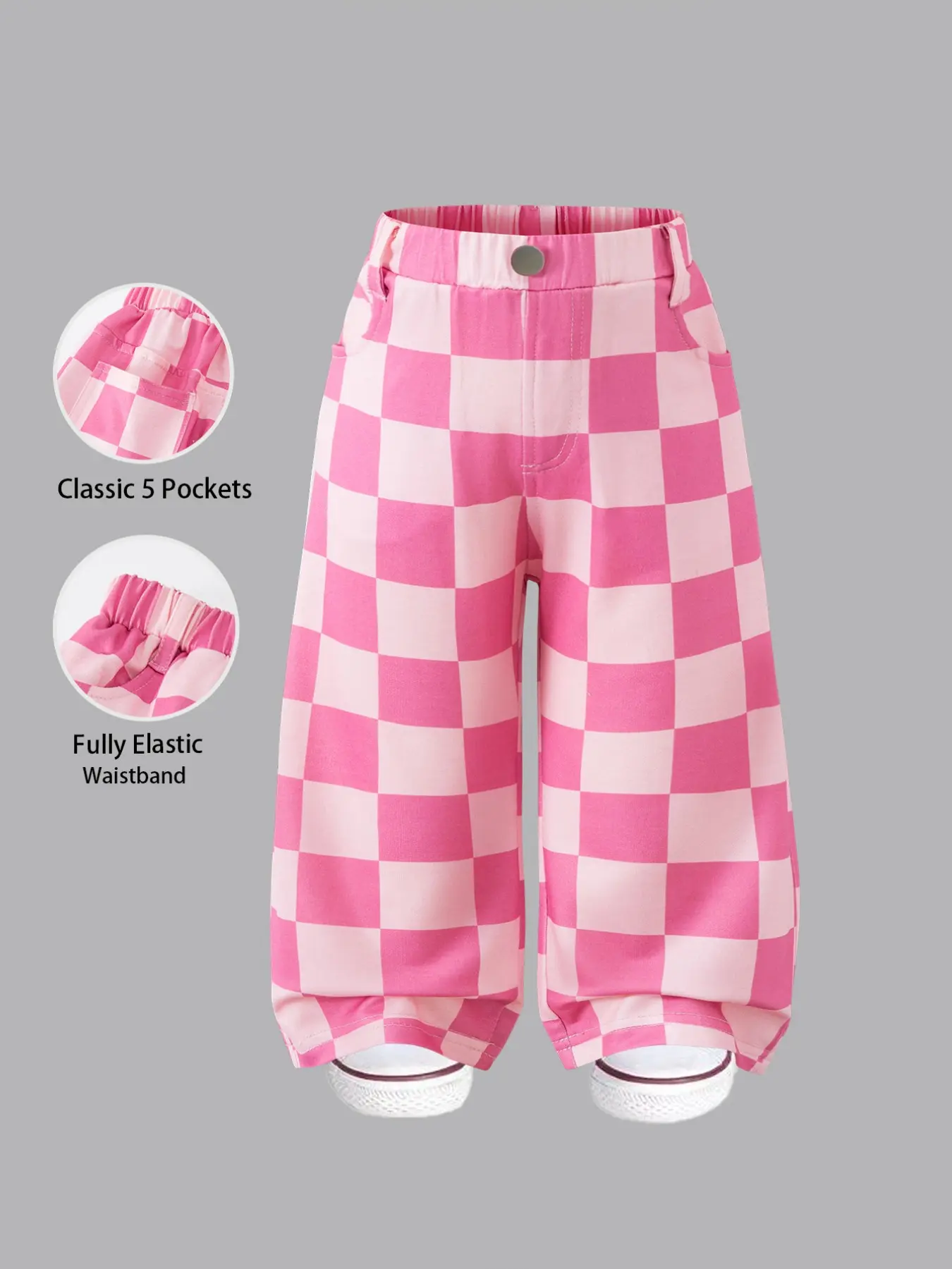Baby Girl Plaid Pattern Loose Fit Pants, Elastic Waist, Spring Summer Fall, Casual Style, Imitation Denim Material, Baby Girl Clothes