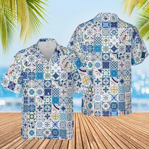 Mediterranean Tile Hawaiian Shirt 100% Polyester, Blue White Azulejo Print Aloha Shirt, Portuguese Ceramic Summer Vacation Button Up