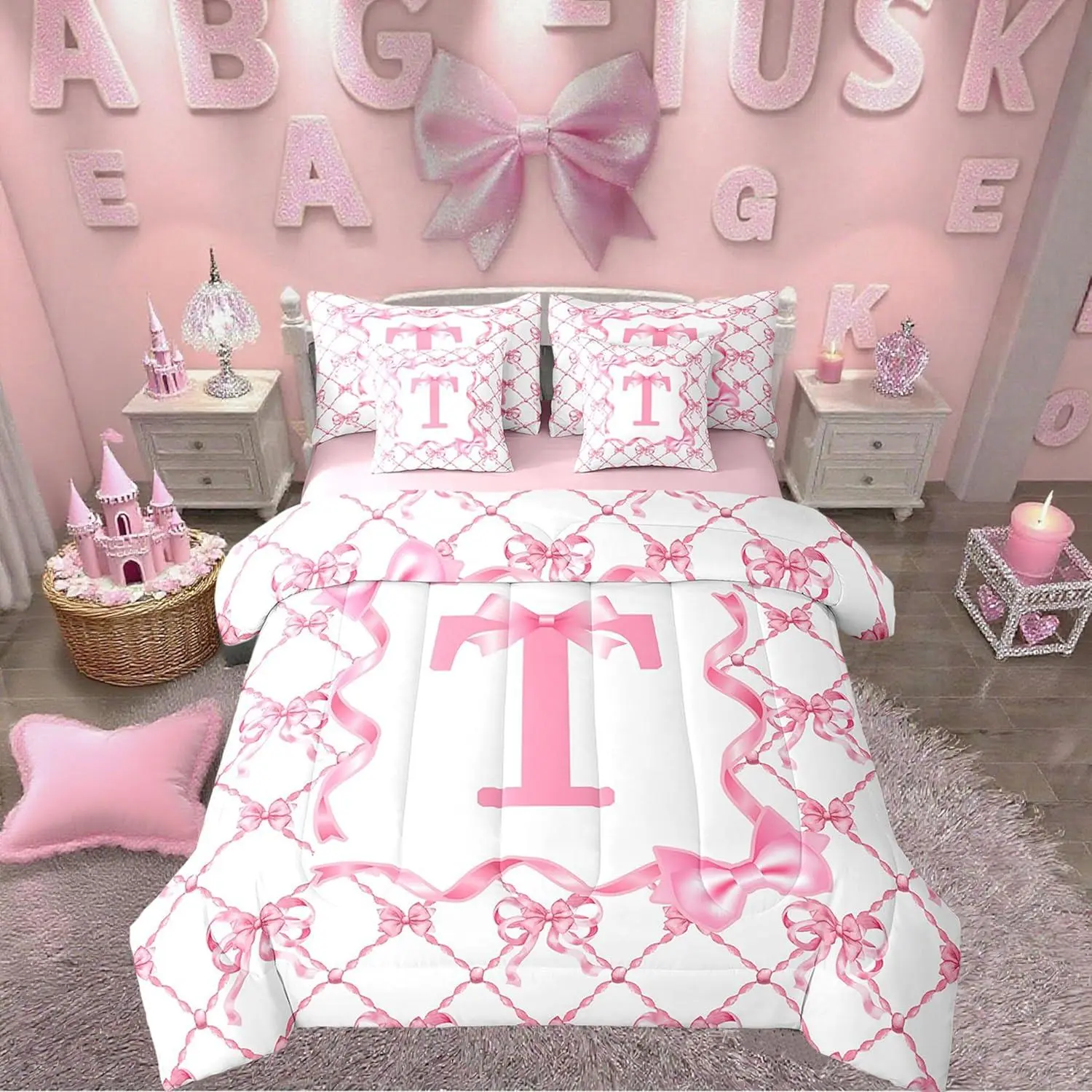 7Pcs Cute Bow Bed in A Bag Preppy Aesthetic Bowknot Comforter Set with Sheets with Alphabet Initial T Design