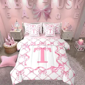 7Pcs Cute Bow Bed in A Bag Preppy Aesthetic Bowknot Comforter Set with Sheets with Alphabet Initial T Design