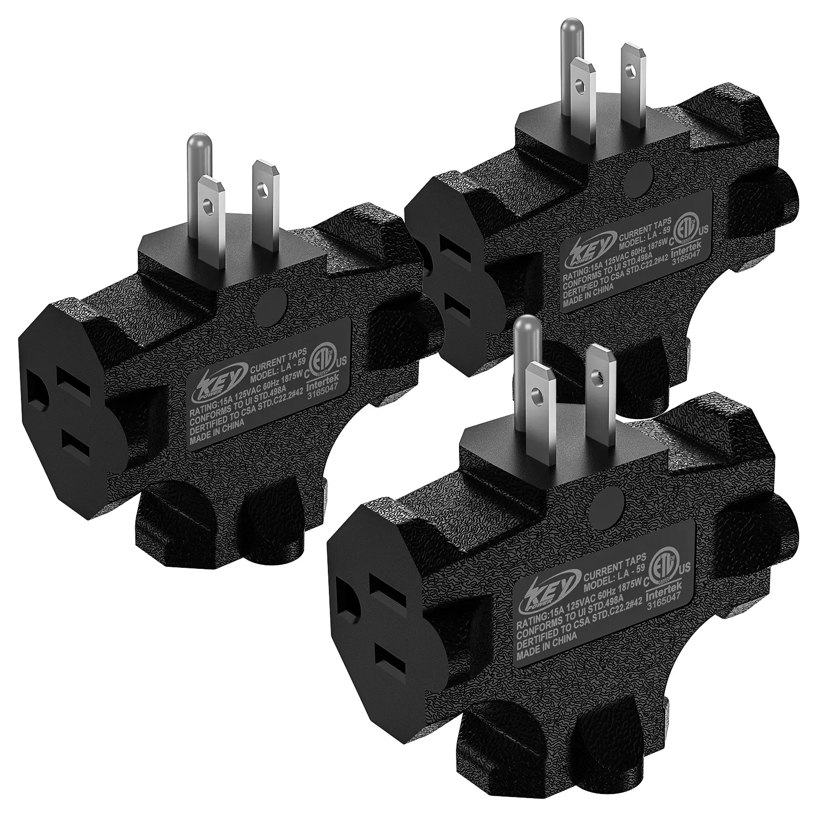 3-Pack 3-Way Plug Adapter (15A 1875W) - 3 Prong Grounded Outlet Extender Splitter ETL listed