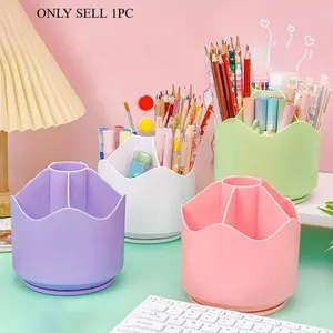 1pc Simple And Large Capacity Rotary Pen Holder Creative Multi Functional Divided Storage Container Office Storage Box Cosmetic Brush Storage Container Random color