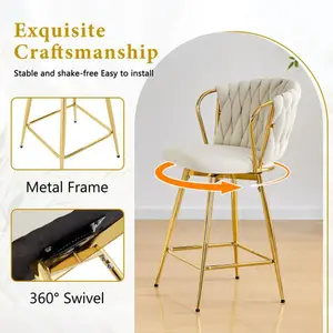 Bellemave  Counter Height Bar Stools Set of 2, 360° Swivel Upholstered Velvet Chairs, 26" H Seat Height, Sturdy Iron Base, Ergonomic Design with Gold Footrest, Modern Kitchen Home Furniture