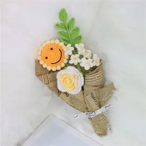 Crochet Sunflower Rose with Leaves Flower Bouquet Gift for Friends Family Teach Ideal for Teacher's Day Graduation Day Valentine's Day