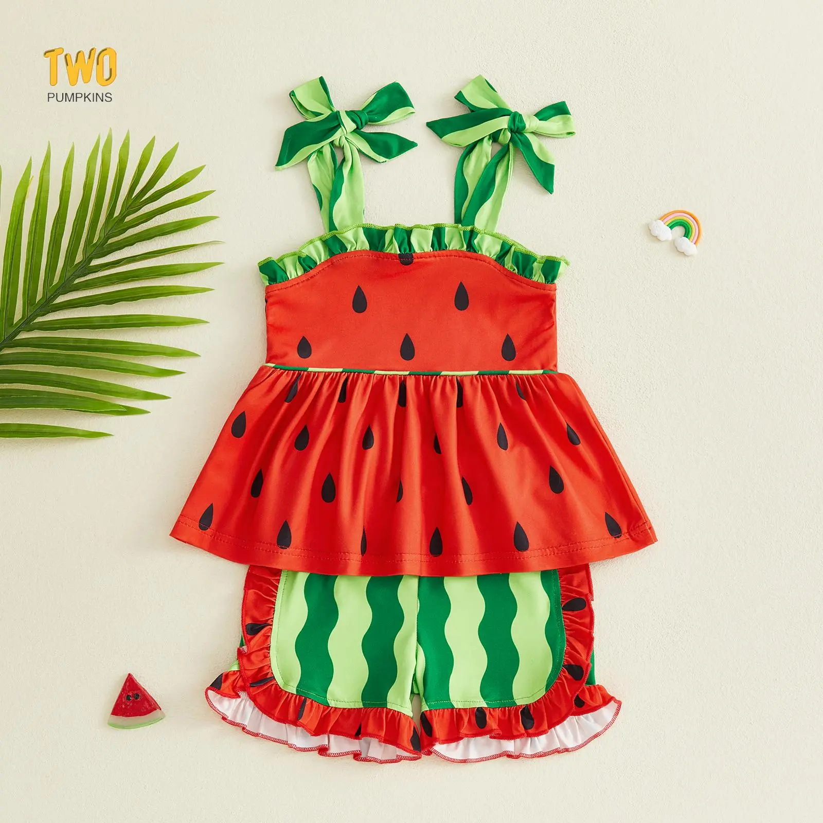 Toddler Baby Girl Watermelon Outfit Tie Shoulder Babydoll Tops and Ruffle Shorts 2 Piece Summer Set