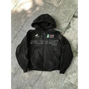 American retro-style hooded zip sweatshirt with racing patchwork, letter print, star embellishments, streetwear loose fit, casual fashion hoodie