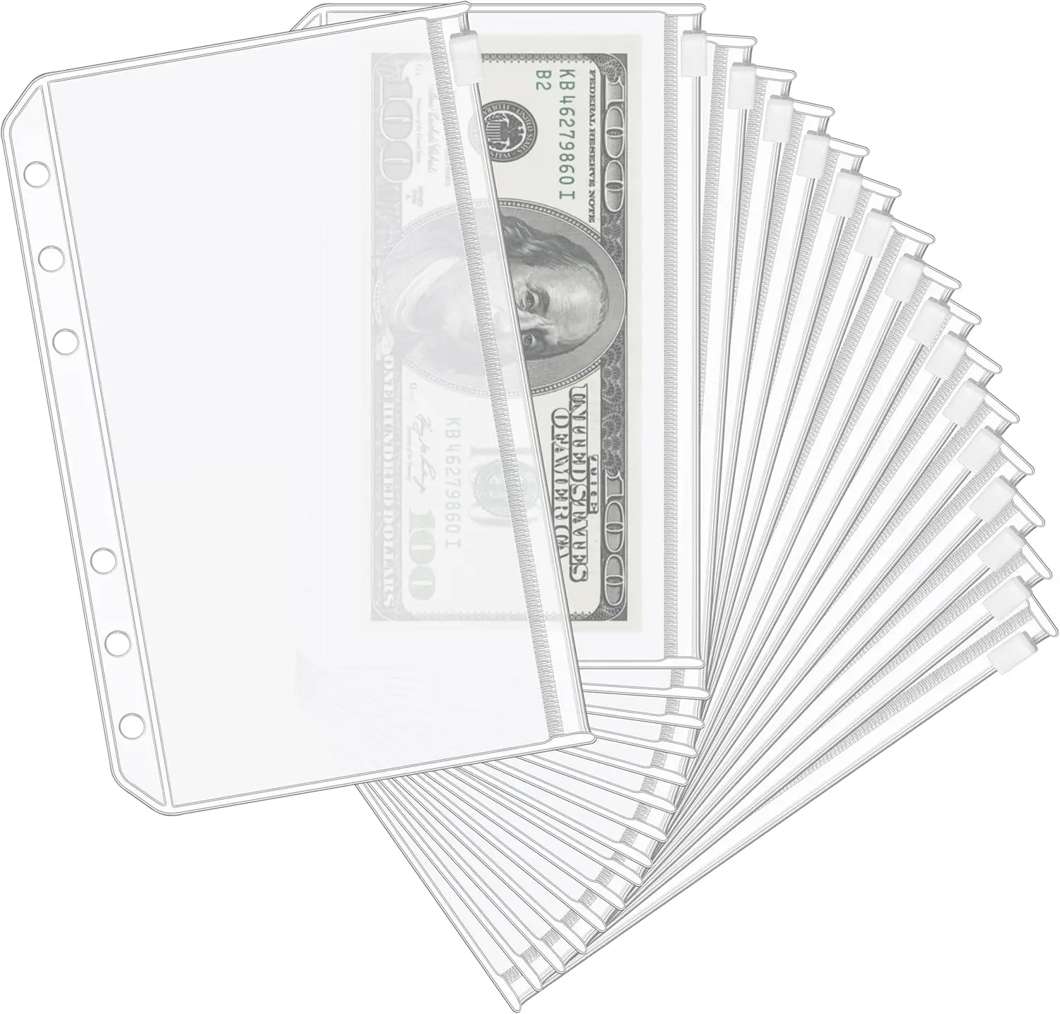 16Pcs A6 Binder Pockets 6 Holes Cash Envelopes for Budgeting, Clear Zipper Pouch Folders A6 Planner Inserts, Waterproof PVC Loose Leaf Filing Bags Plastic Money Coupon Sticky Notes Organizer