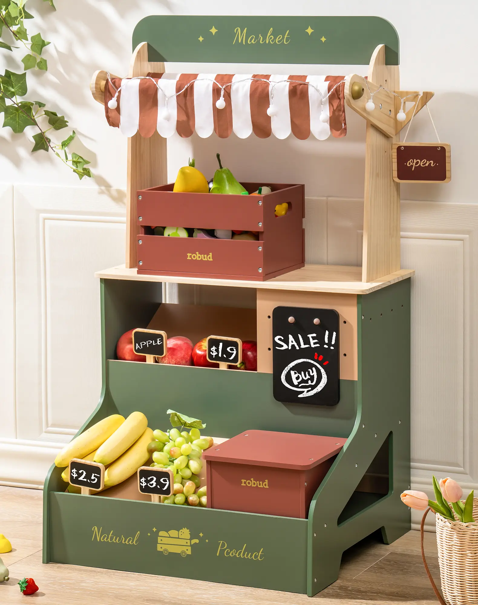 ROBUD Pretend Play Grocery Store with Lights, Supermarket Playset for Kids, Interactive Wooden Play Market Stand, Gift for 3+ Kids Boys Girls Fun
