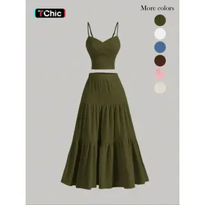 Women's solid color crop top and A-line skirt two-piece set, casual, fashionable and comfortable daily outdoor clothing, summer women's clothingRAIMENTRY