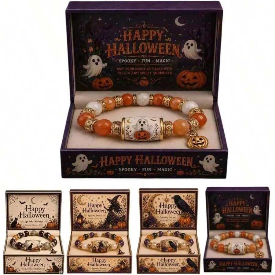 2026 Limited Edition Halloween Pumpkin Stretch Beaded Bracelet Set, Ghost Pumpkin Stretch Beaded Bracelet With Witch Hat Charm, Halloween Accessory